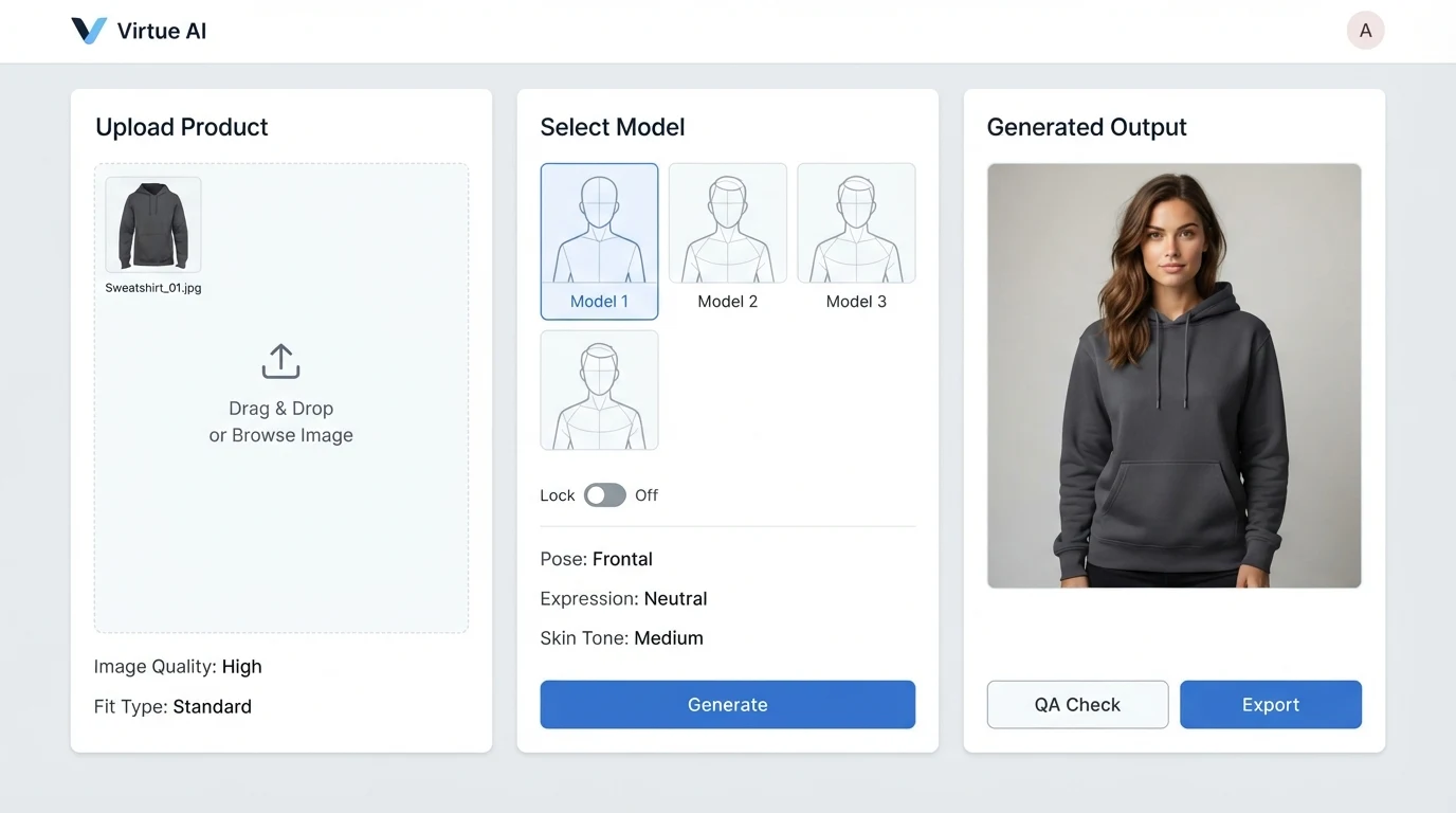 A split-panel AI on-model photo generator: left panel labelled 'Upload Product' showing a ghost-mannequin garment thumbnail; centre panel 'Select