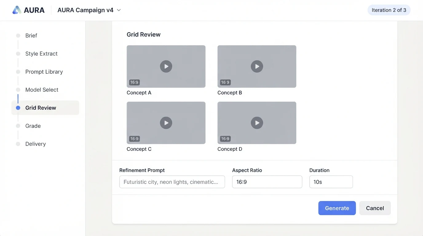 A minimal AI video production workflow interface with a left sidebar listing steps: Brief, Style Extract, Prompt Library, Model Select, Grid Review,