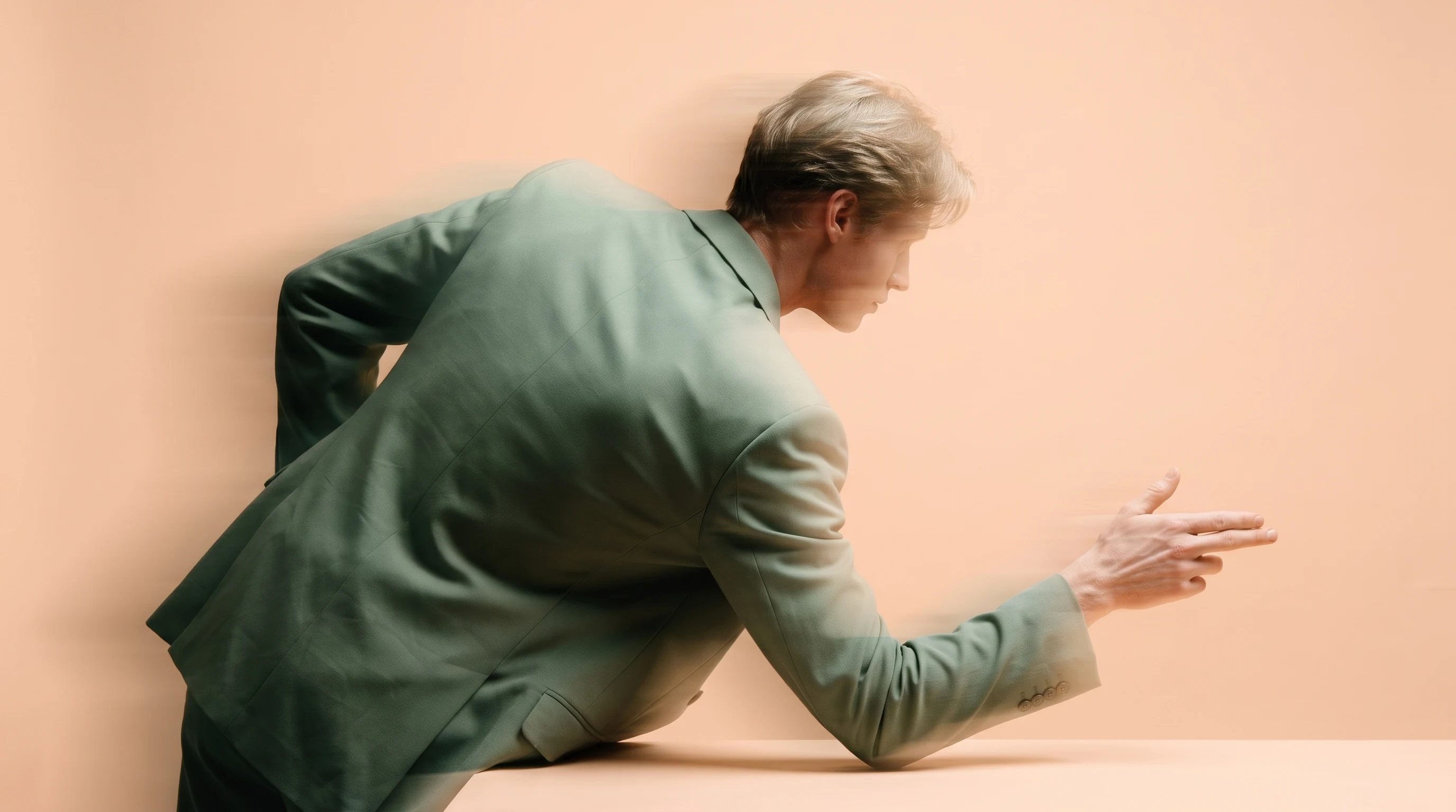 A person mid-lean over a low unseen surface on a peach-backdrop studio, one hand extended palm-down in a directing gesture, wearing a structured