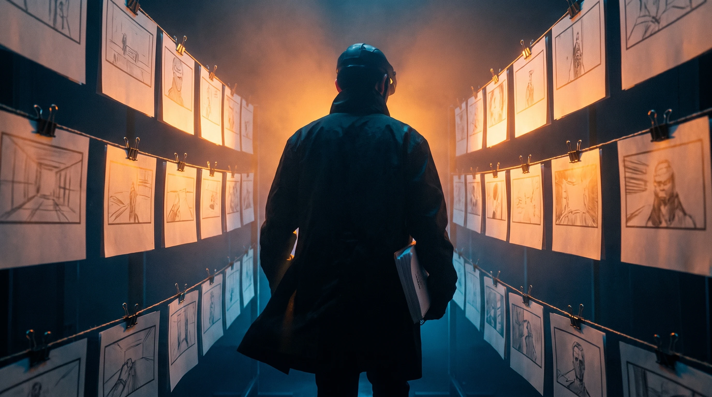 A person from behind mid-step through a narrow corridor of backlit unbranded storyboard frames clipped to a wire, holding a bound script under one arm