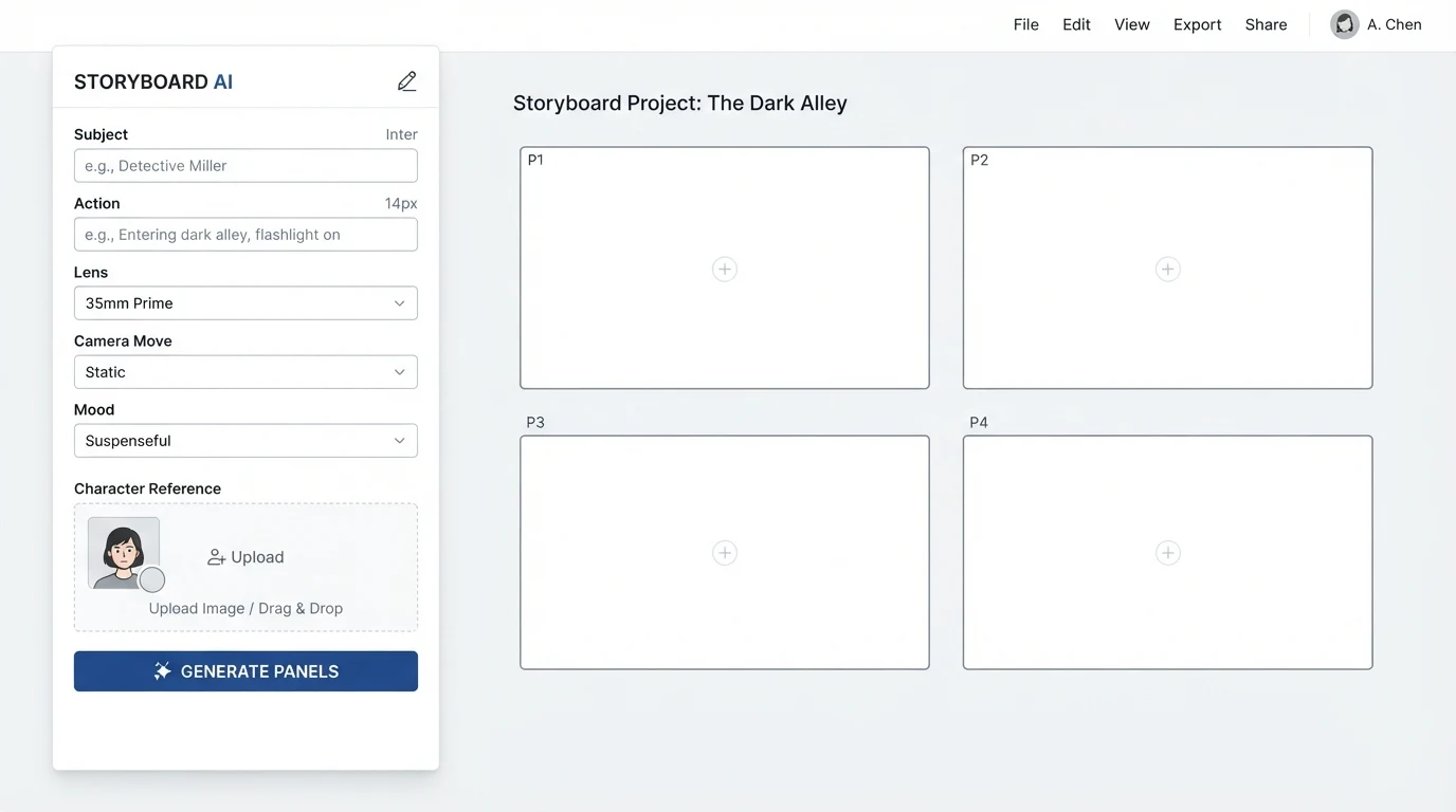 A storyboard panel generator interface: left sidebar with labelled fields 'Subject', 'Action', 'Lens', 'Camera Move', 'Mood', and a 'Character