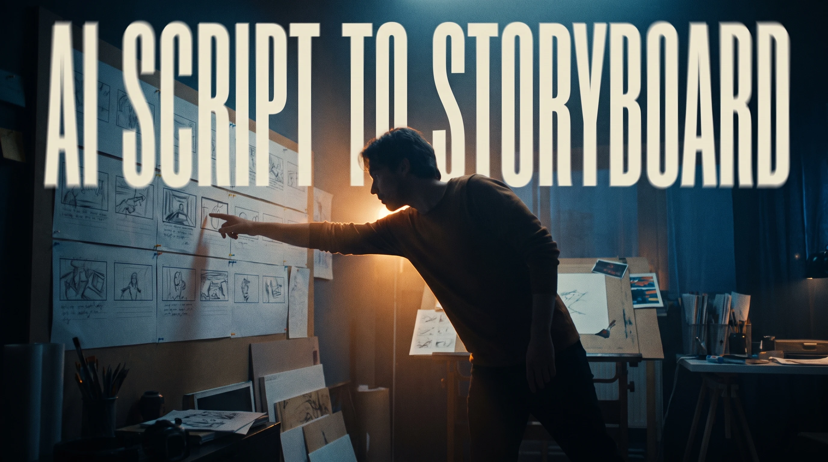 A person mid-lean over a wide unbranded storyboard layout pinned across a large wall, one arm outstretched pointing at a panel sequence in a dim
