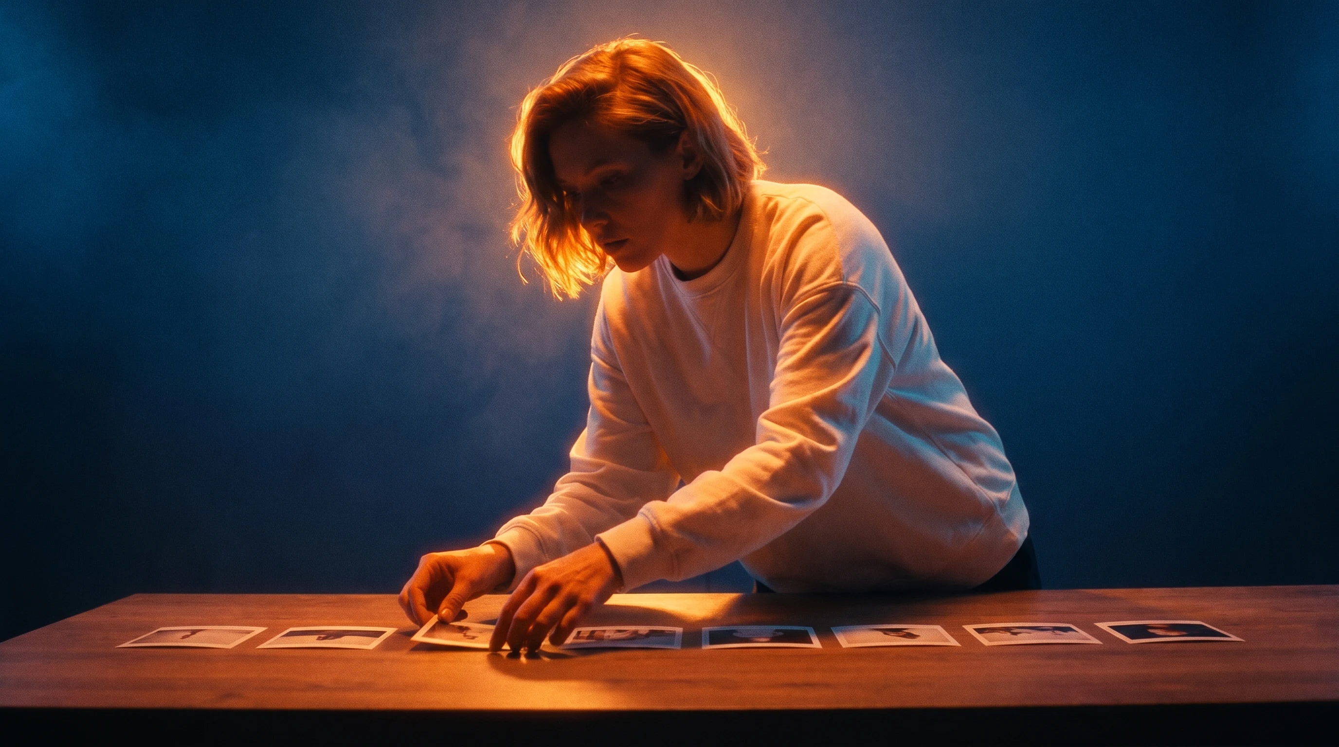 A creative professional mid-lean over a wide desk, arranging small unbranded thumbnail frame prints into a horizontal sequence on a pre-production