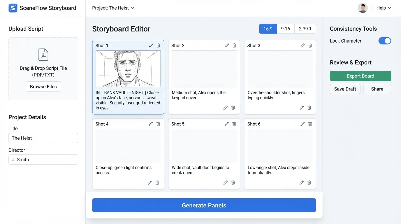 A storyboard panel editor: an 'Upload Script' drag zone on the left; a 6-panel grid in the center with shot-number labels and aspect-ratio toggle