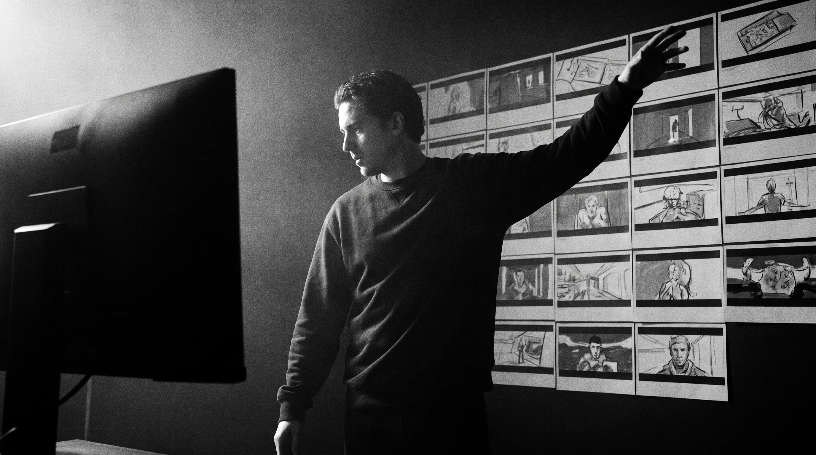 a person in a dark crewneck mid-turn away from a large monitor, arm raised mid-gesture toward a wall covered in unbranded storyboard frame printouts