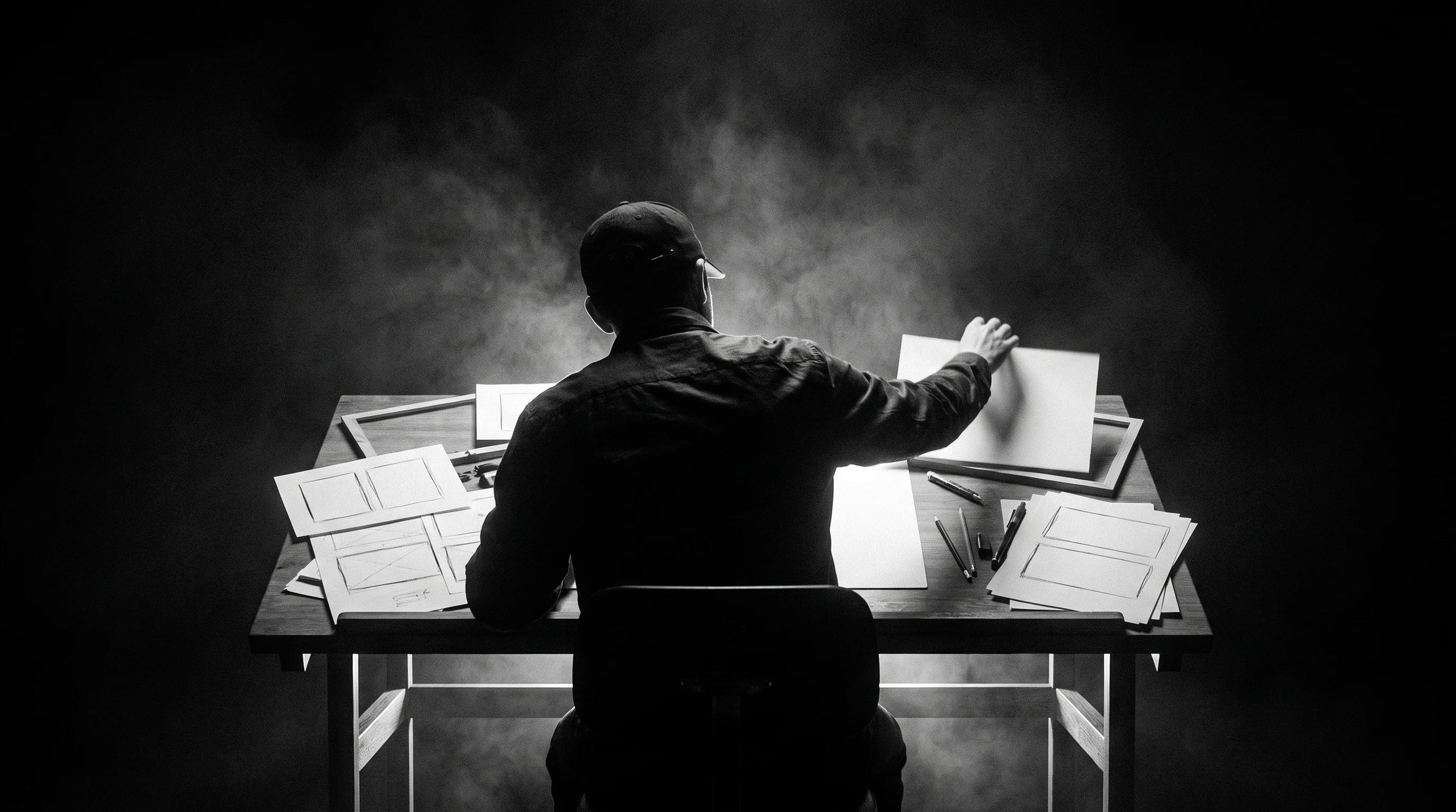 a person from behind, seated at a drafting desk, leaning forward mid-reach to reposition a blank paper panel among a scattered sequence of unbranded