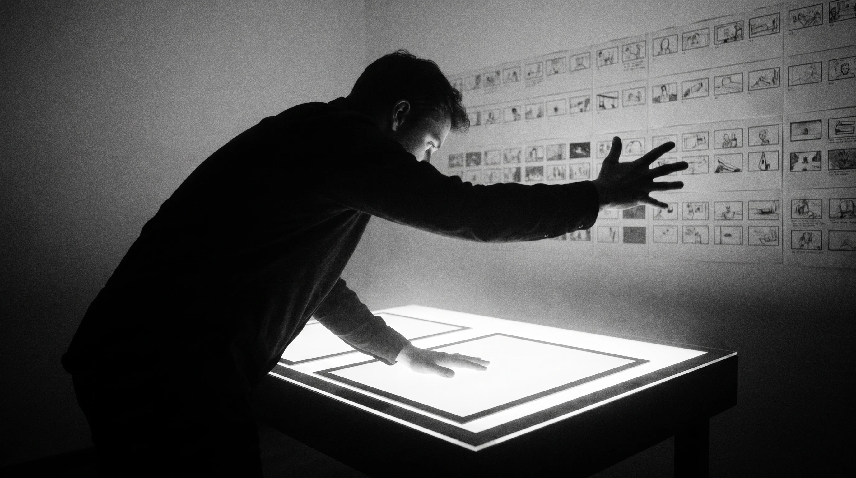 a person mid-lean over a wide lightbox table, one hand pressing a blank frame panel, other hand gesturing toward a wall of unbranded thumbnail