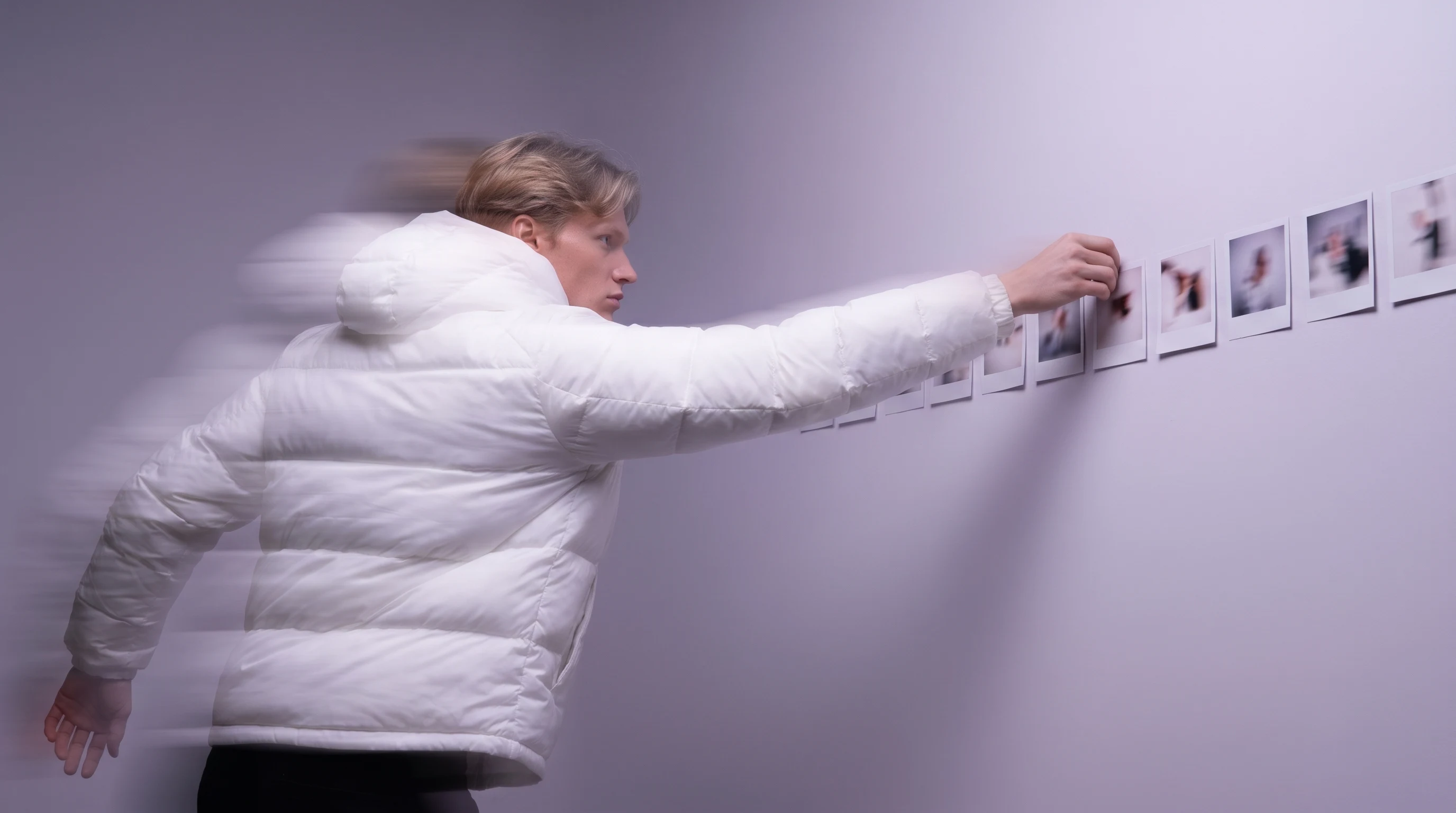 a person mid-reach on a lilac backdrop, pinning a row of small unbranded shot-frame printouts to a wide blank wall, one arm fully extended
