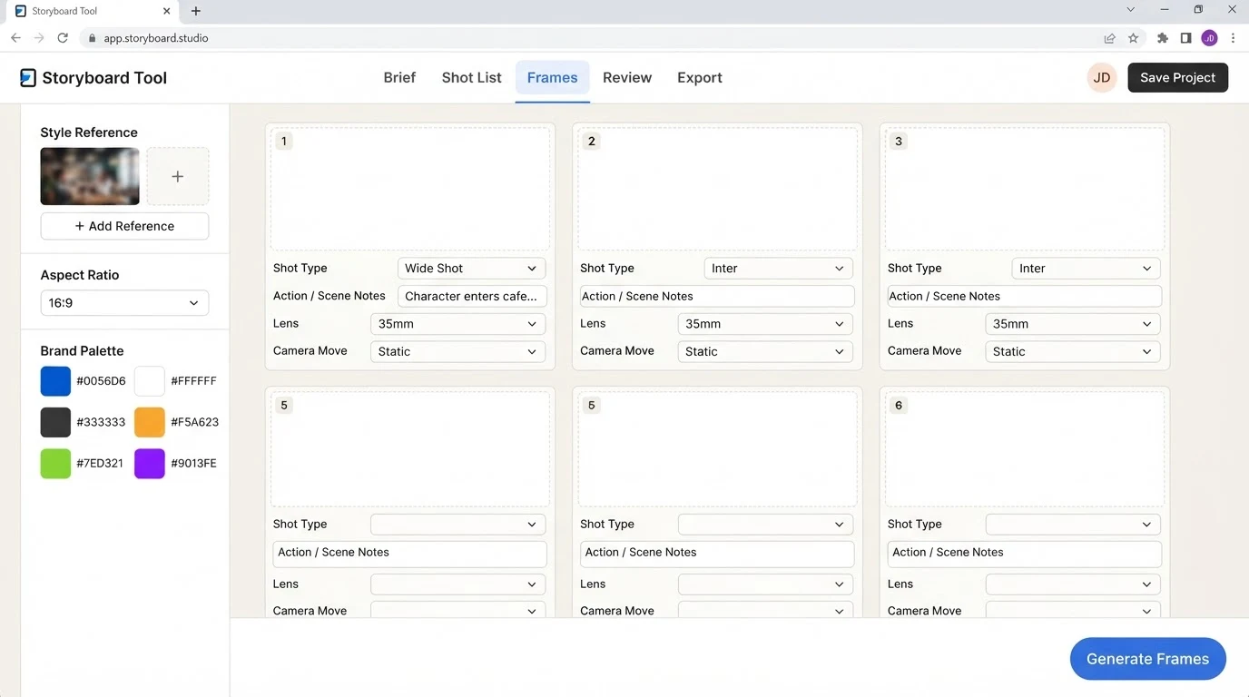 A storyboard tool interface showing a 6-panel shot grid layout. Top bar has tabs: Brief, Shot List, Frames, Review, Export. Left panel shows fields: