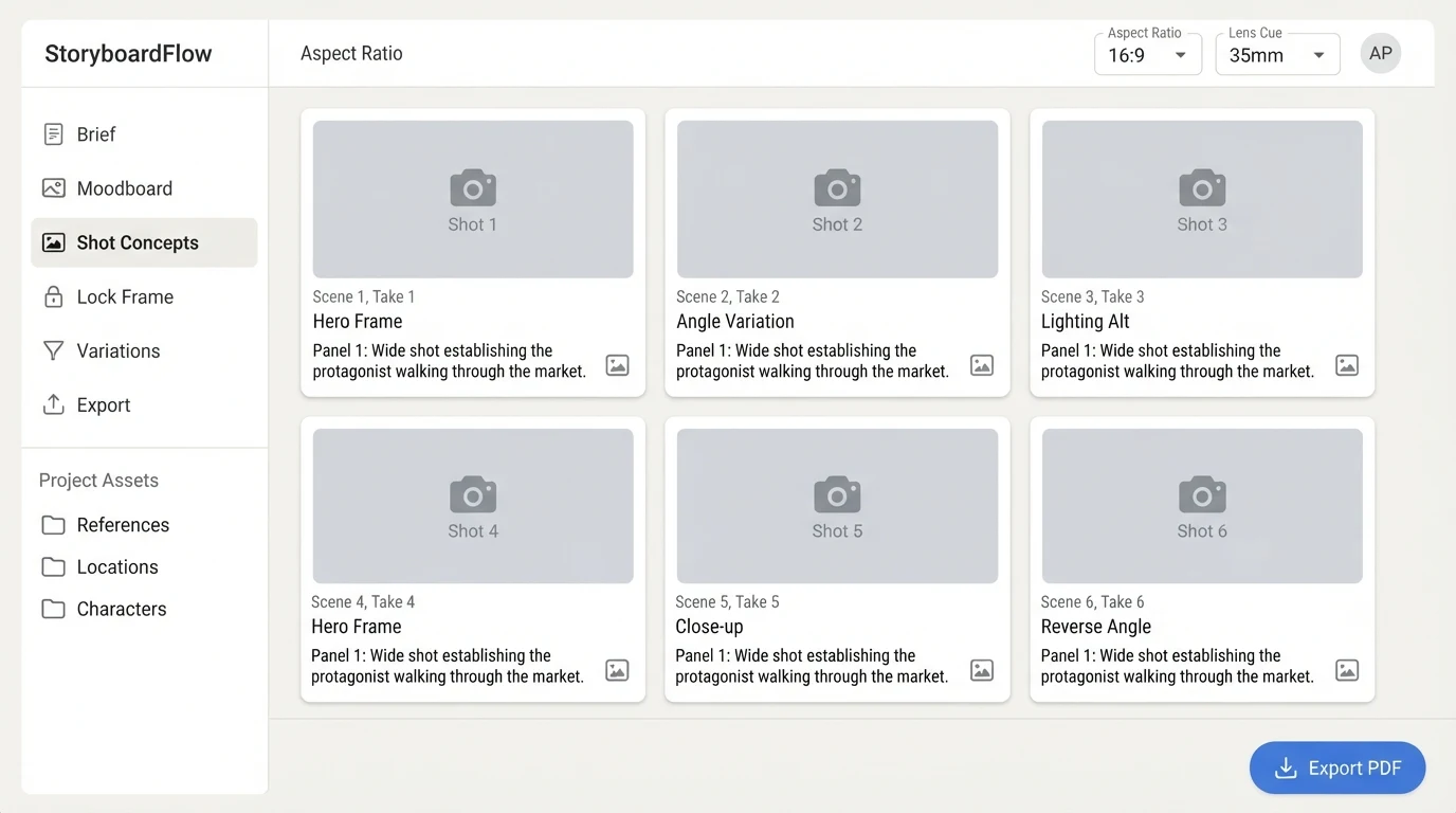 A storyboard tool interface showing a 6-panel shot grid layout. Each panel has a placeholder frame thumbnail, a short label ('Hero Frame', 'Angle