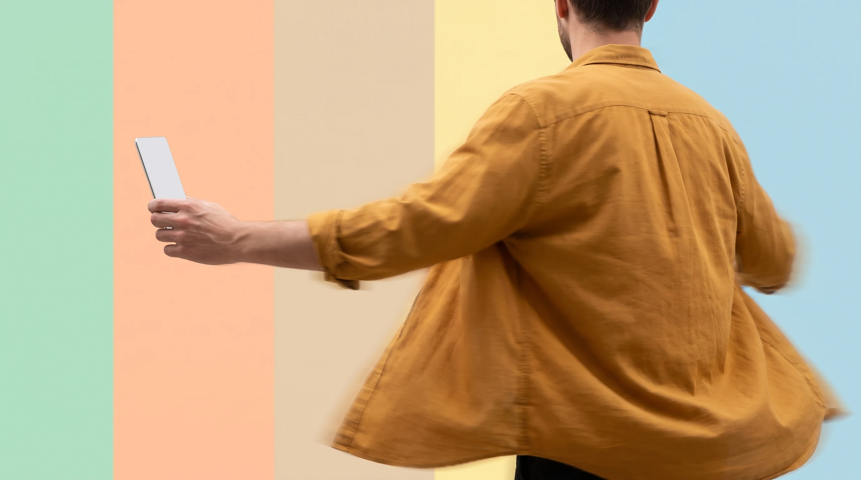 a person mid-spin in a lilac studio, one arm extended holding a thin vertical card representing a phone-sized frame, outfit a loose ochre shirt, shot
