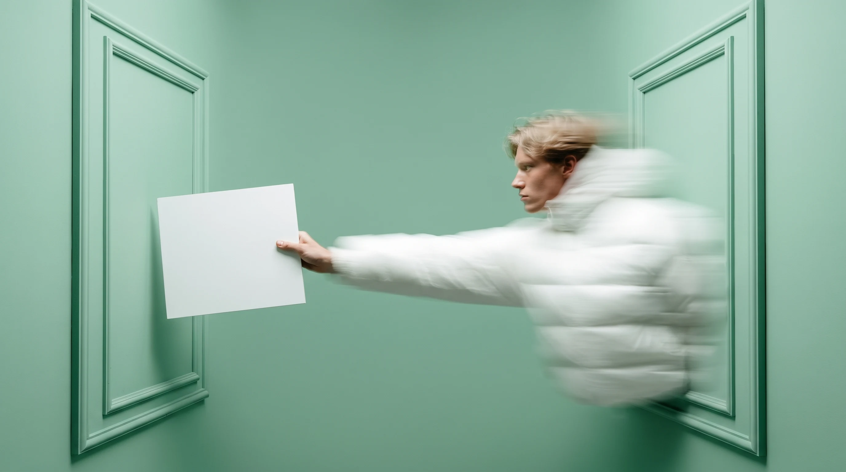 a person mid-reach toward a tall vertical frame on a mint studio wall, holding a blank storyboard panel, shot three-quarter from the side