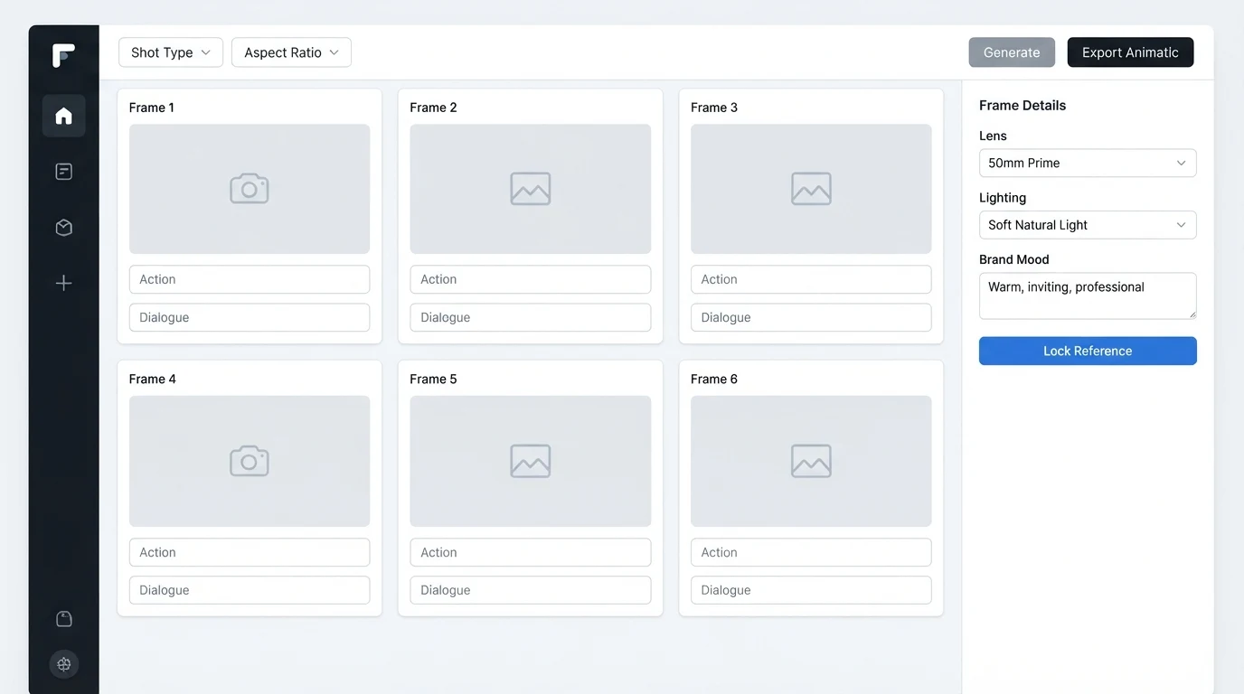 A storyboard tool interface showing a 6-panel TVC frame grid in a dark sidebar layout; panels labelled 'Frame 1' through 'Frame 6' with placeholder