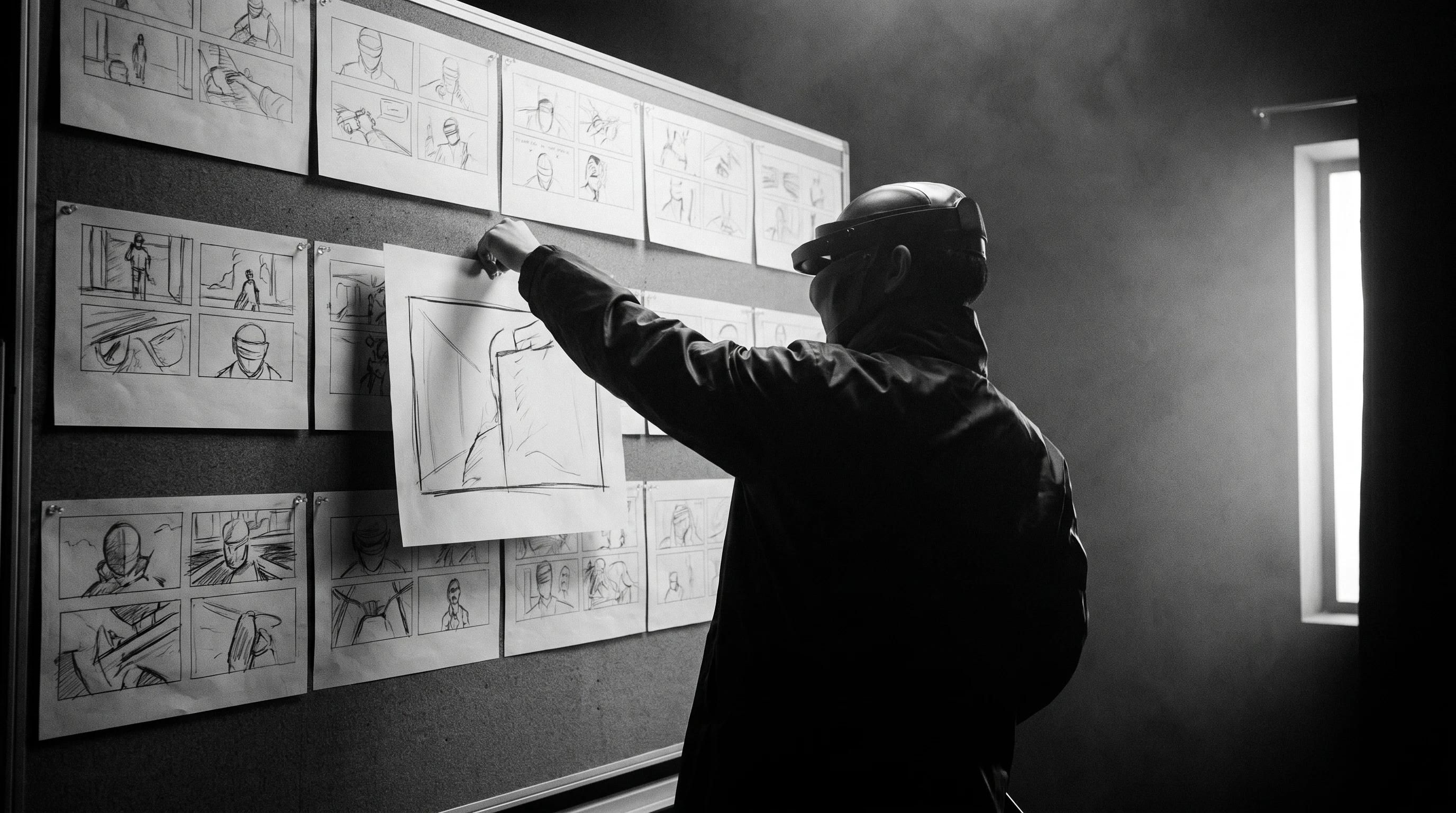 A person mid-reach from behind, arm extended to pin a large hand-drawn frame onto a floor-to-ceiling corkboard covered in sequential sketch panels,