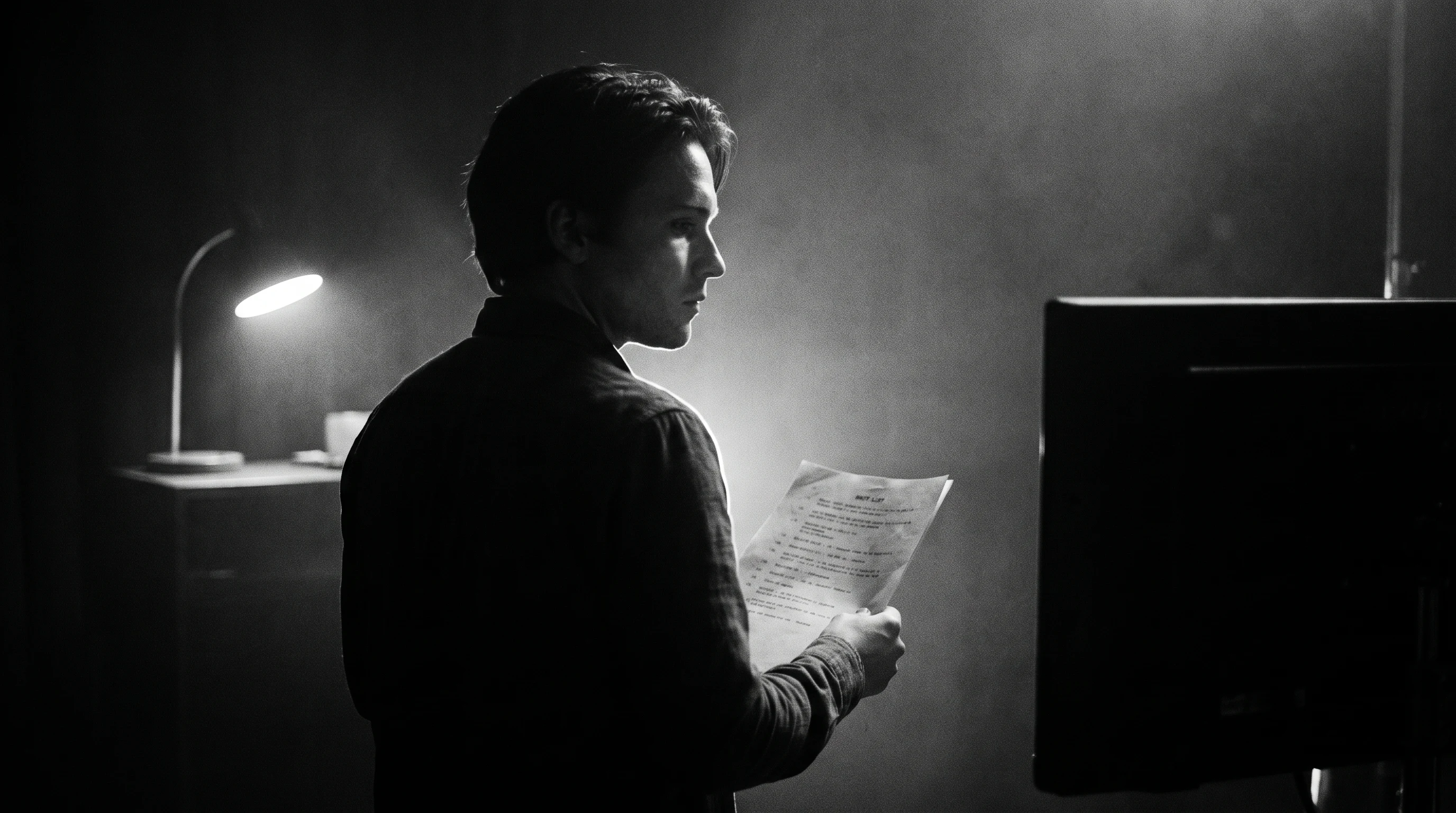 A person mid-spin away from a monitor, holding a printed shot-list page at chest height, profile framing, in a dark pre-production room with a single