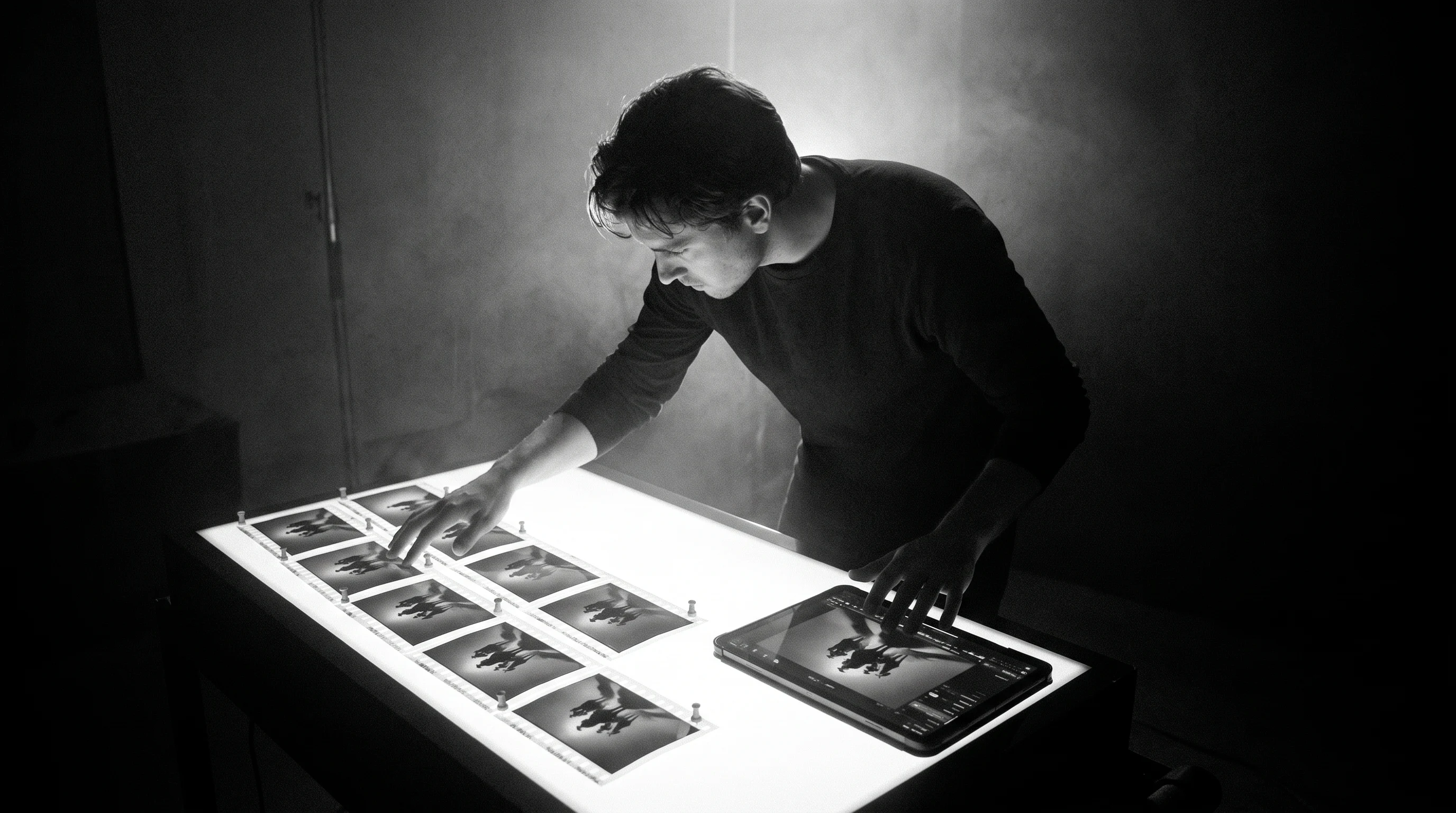 A person mid-lean over a wide lightbox table, one hand gesturing toward a row of printed frames pinned left, the other hovering over a tablet glowing
