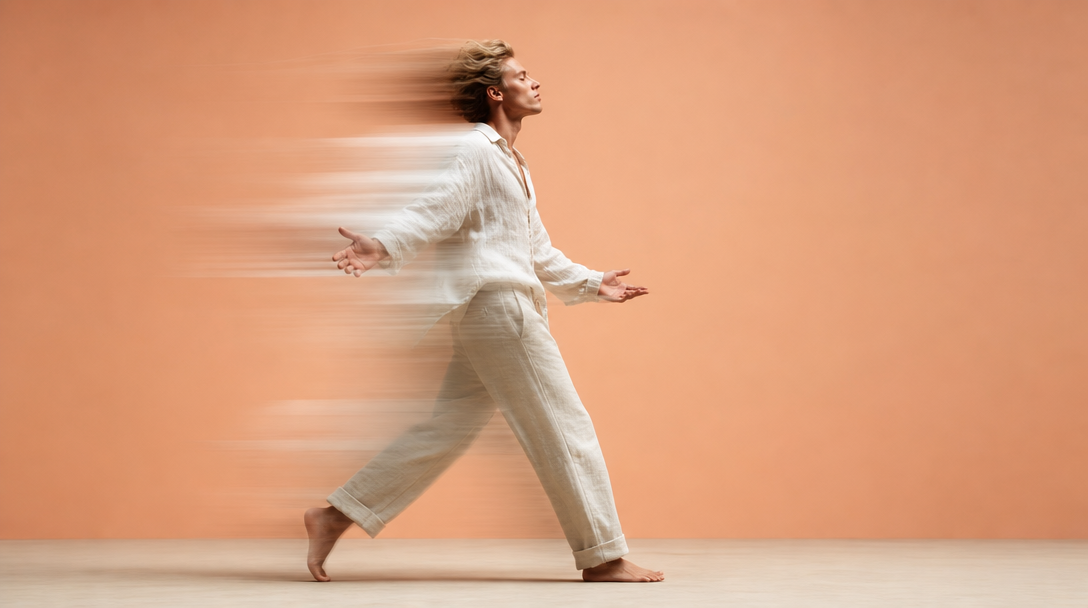 A person mid-step across a sand-coloured studio floor, arms loose and gesturing outward as if mid-explanation, profile framing, wearing a relaxed