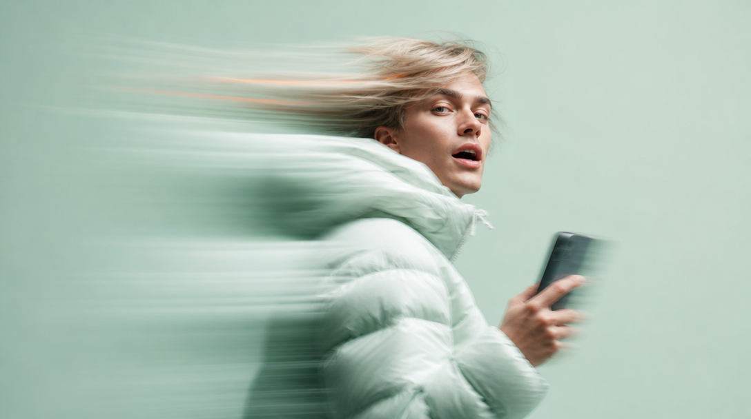 A person mid-turn toward camera in a mint-green studio, holding a smartphone at chest height as if mid-record, mouth slightly open in mid-speech,