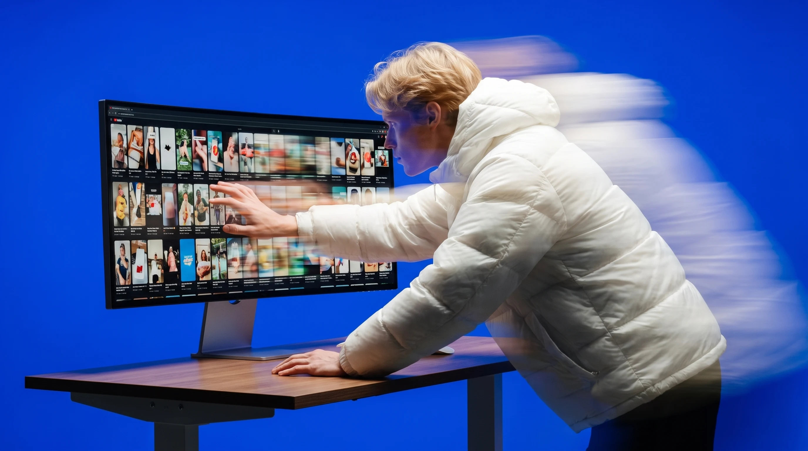 A person mid-lean over a standing desk, one hand mid-swipe across a wide monitor displaying a tight grid of small vertical video ad thumbnails