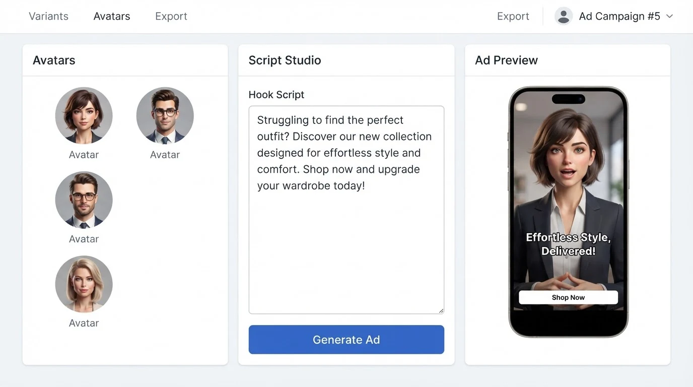 A vertical ad creation dashboard: left panel shows three avatar portrait thumbnails labeled 'Avatar'; centre panel has a multiline text input labeled