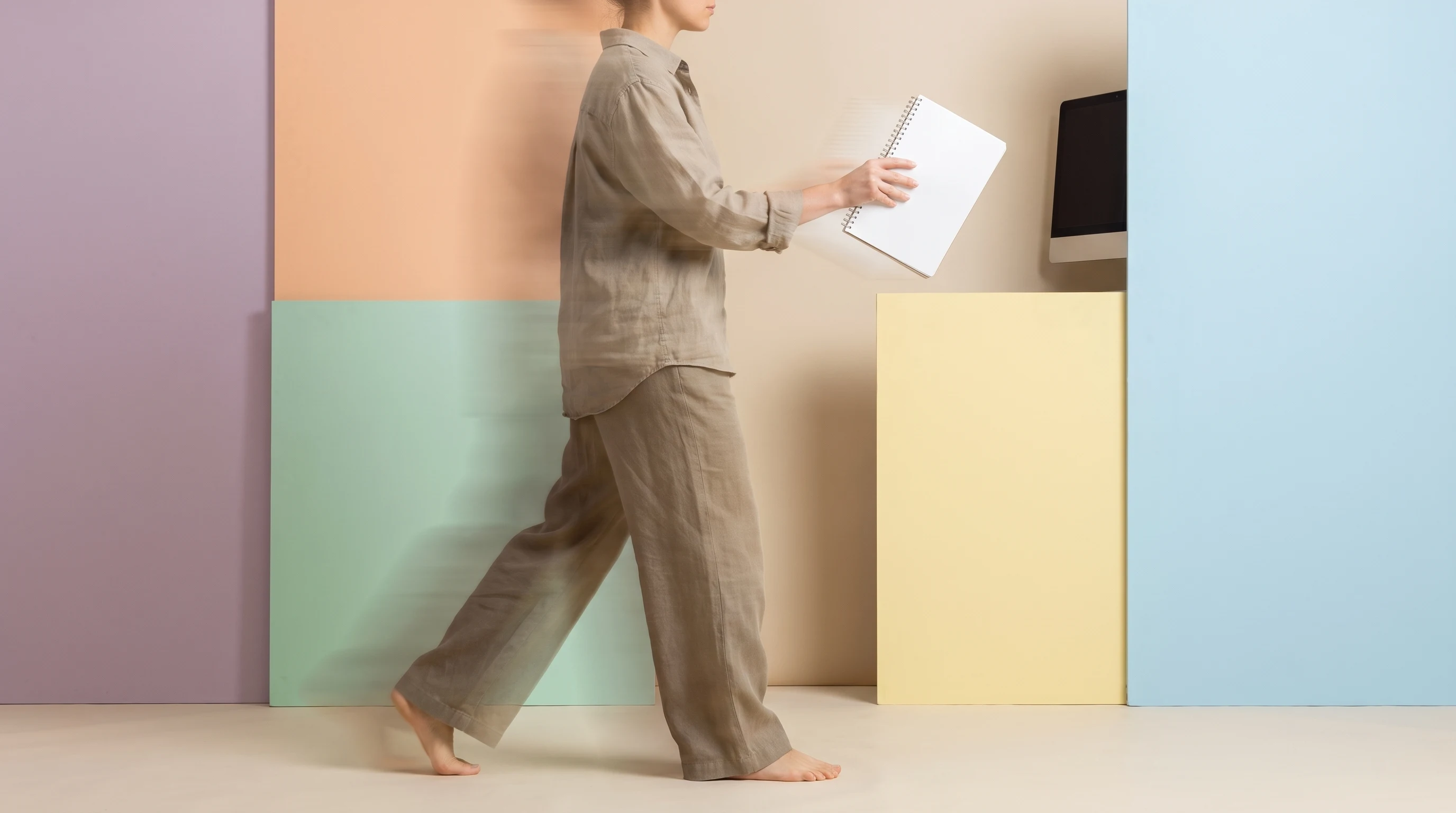 A person mid-step in a lilac-backdrop studio, profile framing, holding an open spiral notebook toward an off-frame monitor, wearing a relaxed linen