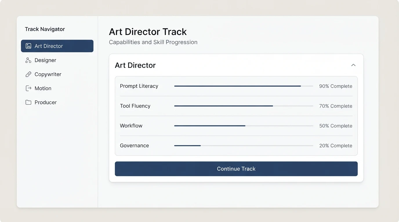 A clean dashboard UI with a left sidebar listing five role tracks: Art Director, Designer, Copywriter, Motion, Producer. The Art Director card is