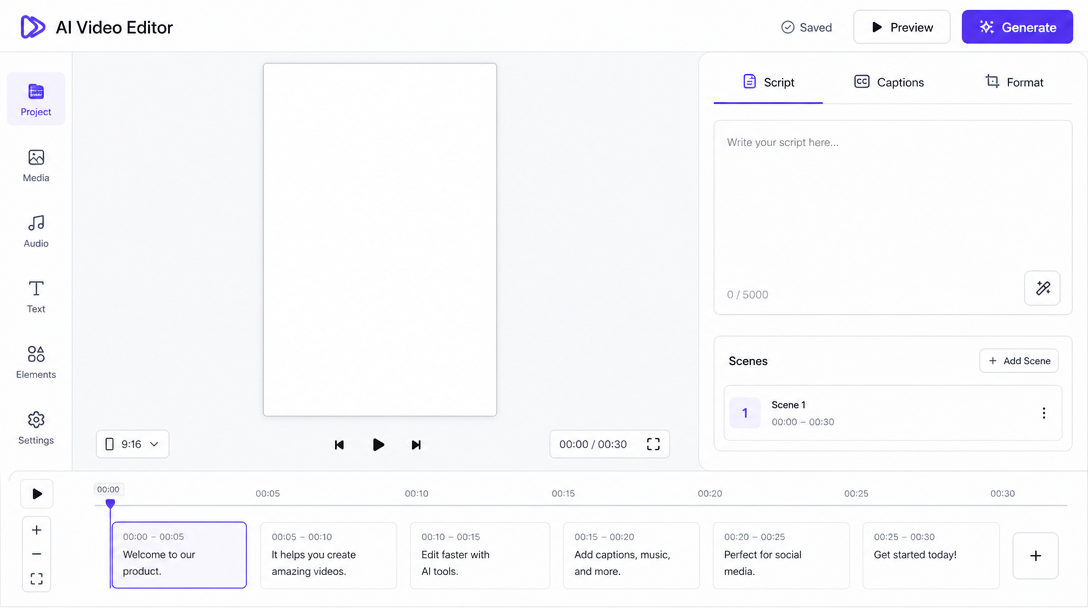 A minimal AI video editor dashboard: a tall 9:16 preview pane on the left showing an empty vertical frame, right-side panels labeled Script,