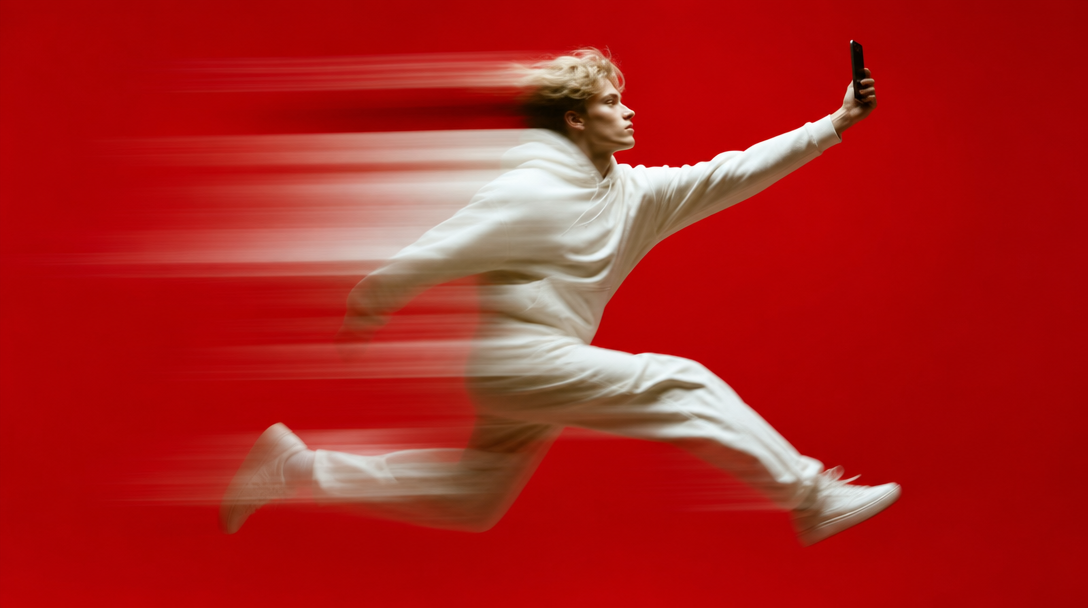 A person mid-leap in a saturated single-colour studio, one arm extended holding a phone vertically to frame, shot in three-quarter profile