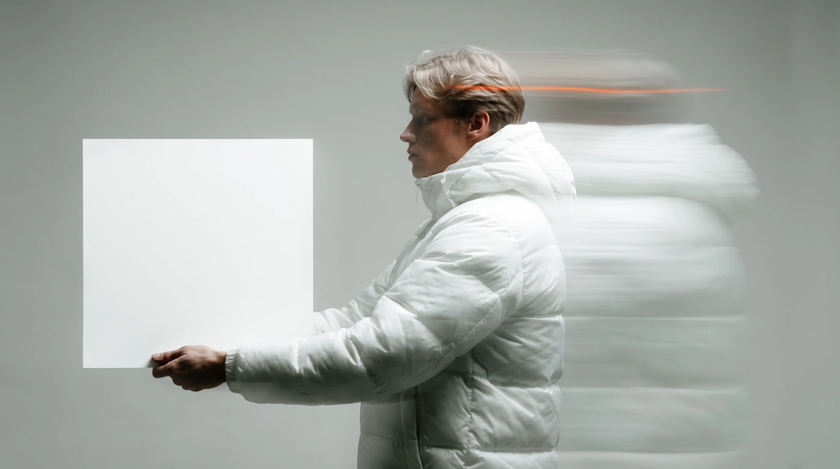 a person mid-turn in a minimal editing space, holding a large blank style-frame card at arm's length, framed in profile against a clean back wall