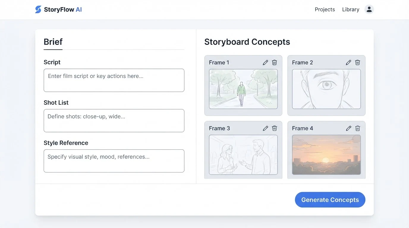 A simple pre-production brief builder interface: a left panel labelled 'Brief' with three short text fields — 'Script', 'Shot List', 'Style