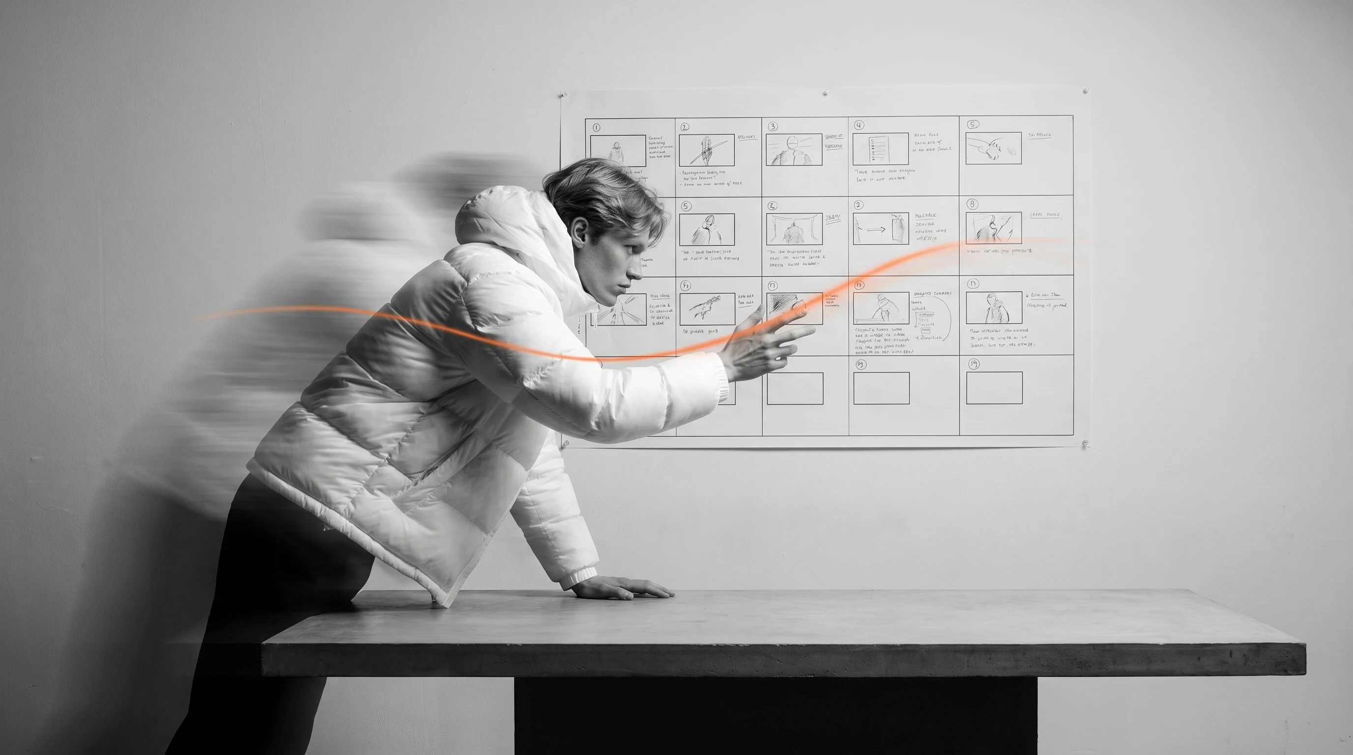 a person mid-lean over a wide desk in a sparse studio, gesturing toward an unbranded storyboard grid pinned to the wall, three-quarter framing from
