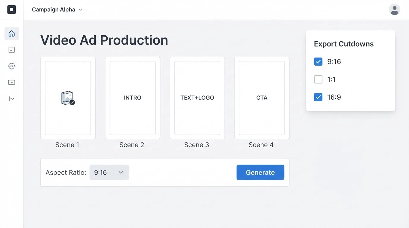 A minimal video ad production dashboard: four storyboard thumbnail slots labeled Scene 1 through Scene 4, an 'Aspect Ratio' dropdown showing '9:16'