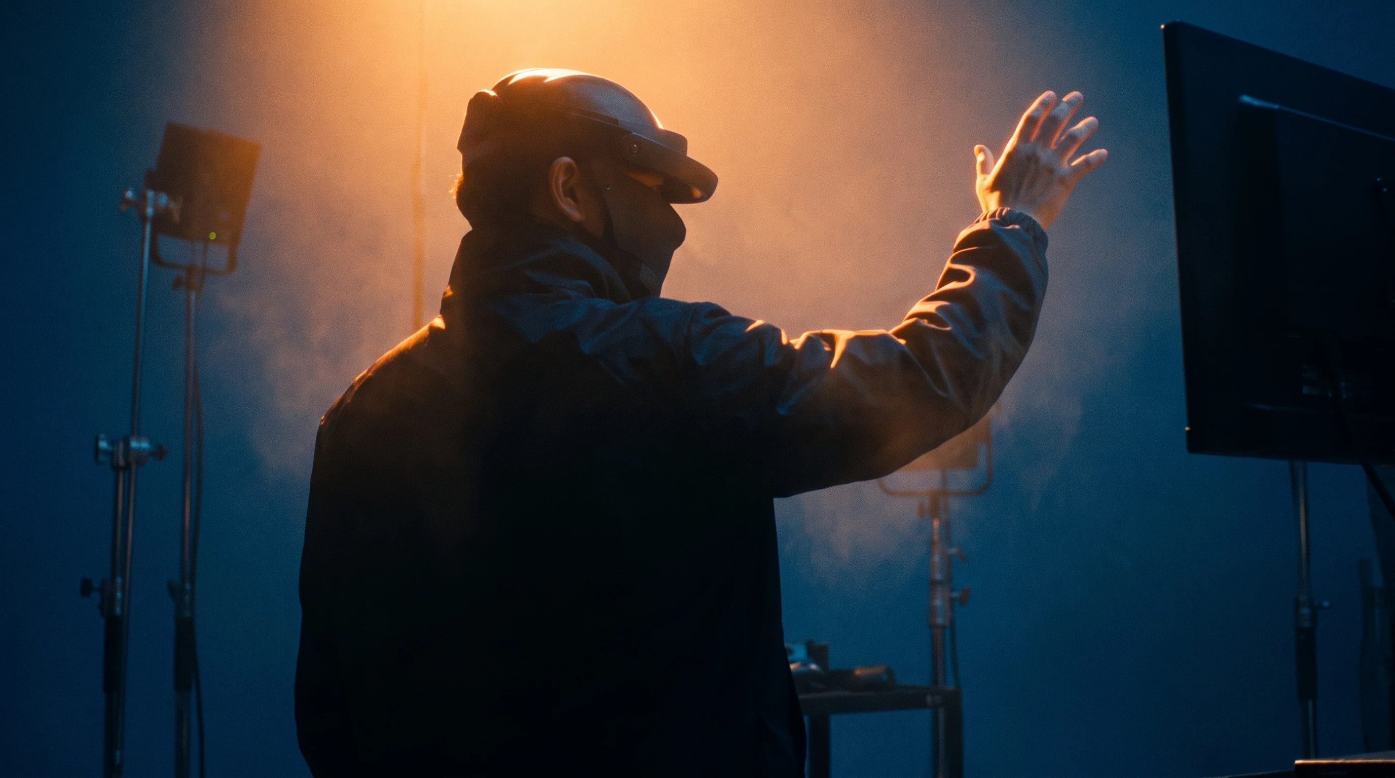 A creative director mid-turn in a sparse production suite, arm raised gesturing toward an unseen monitor, three-quarter framing from behind