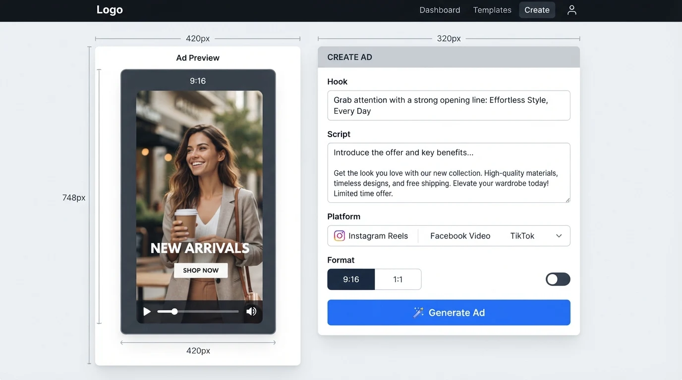 A video ad creation dashboard with a tall 9:16 preview panel on the left, and a right-side panel containing fields labelled 'Hook', 'Script',