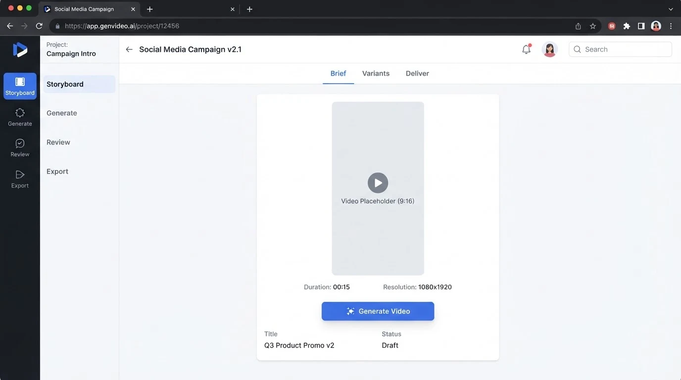 A clean video project dashboard showing a left sidebar with project stages labelled Storyboard, Generate, Review, Export; a centre panel with a 9:16