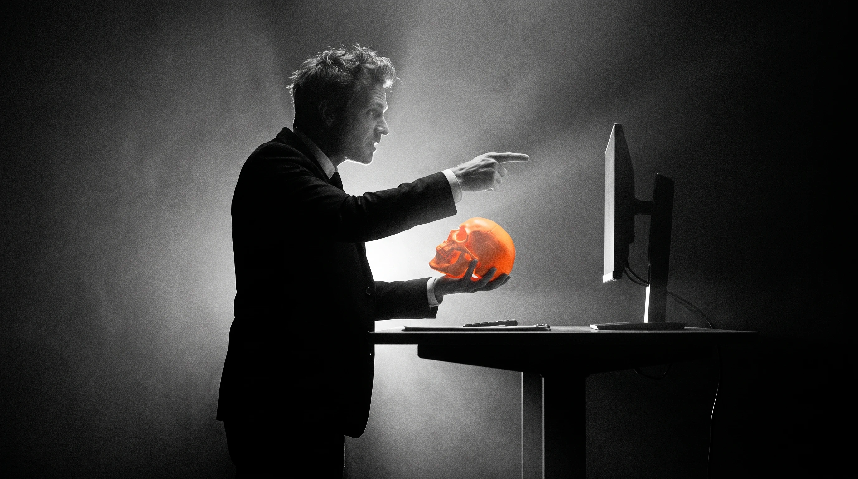 A public affairs professional mid-gesture at a standing desk, pointing toward an off-frame monitor in a minimal production space, profile framing