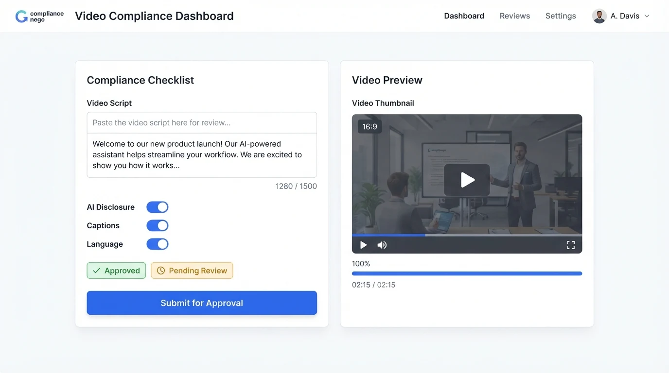 A simple AI video compliance review dashboard: left panel has a script text field and three toggles labeled 'AI Disclosure', 'Captions', and