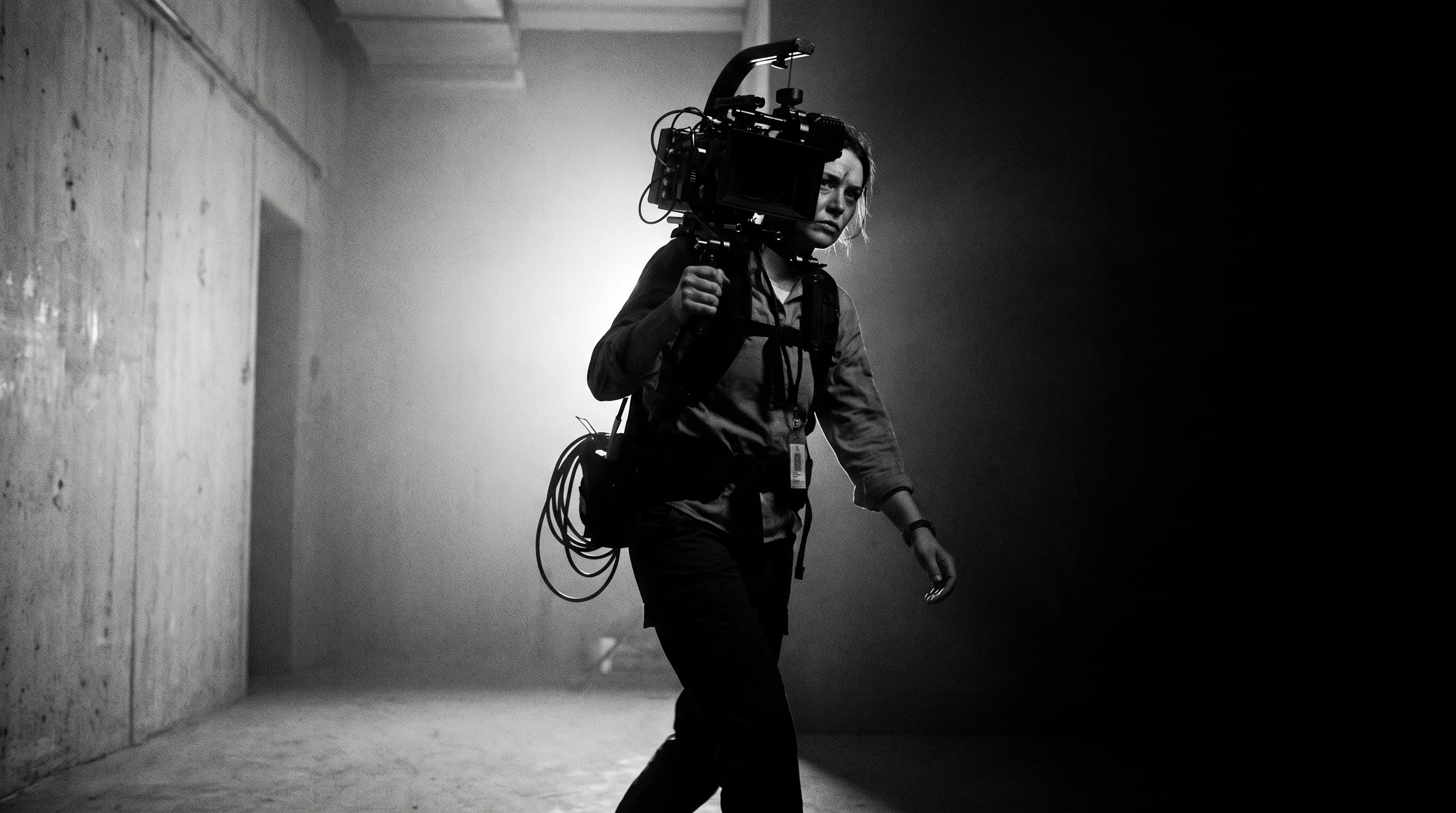 A government communications officer mid-step through a sparse institutional corridor, carrying a shoulder-mounted camera rig, low three-quarter angle