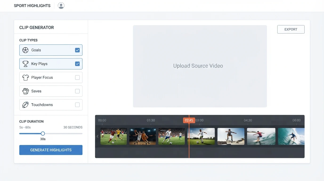 A sports highlight clip generation dashboard: a horizontal video timeline with unbranded action-sport thumbnails, a left sidebar with clip type
