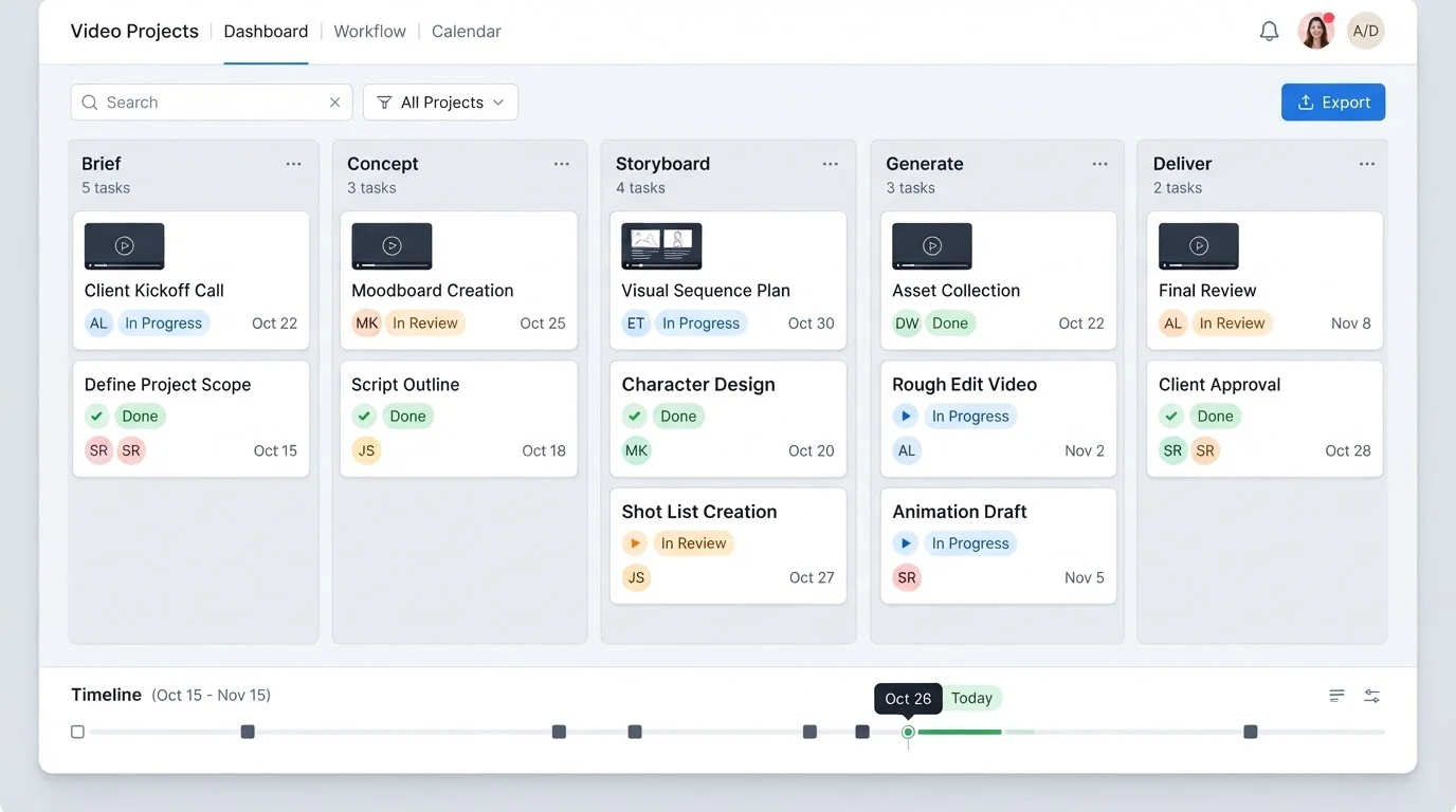 A video project workflow dashboard showing five phase columns labelled 'Brief', 'Concept', 'Storyboard', 'Generate', and 'Deliver'; each column