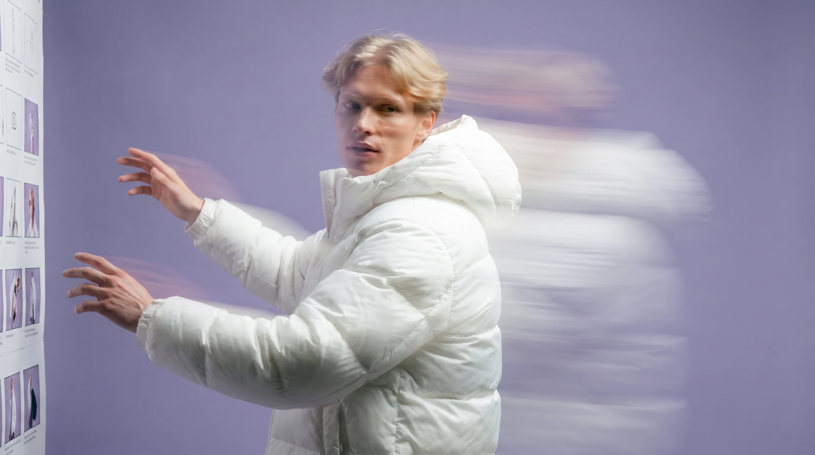 A person mid-turn in a lilac studio, arms slightly raised, facing three-quarters to camera as if mid-presentation of a storyboard pinned just out of
