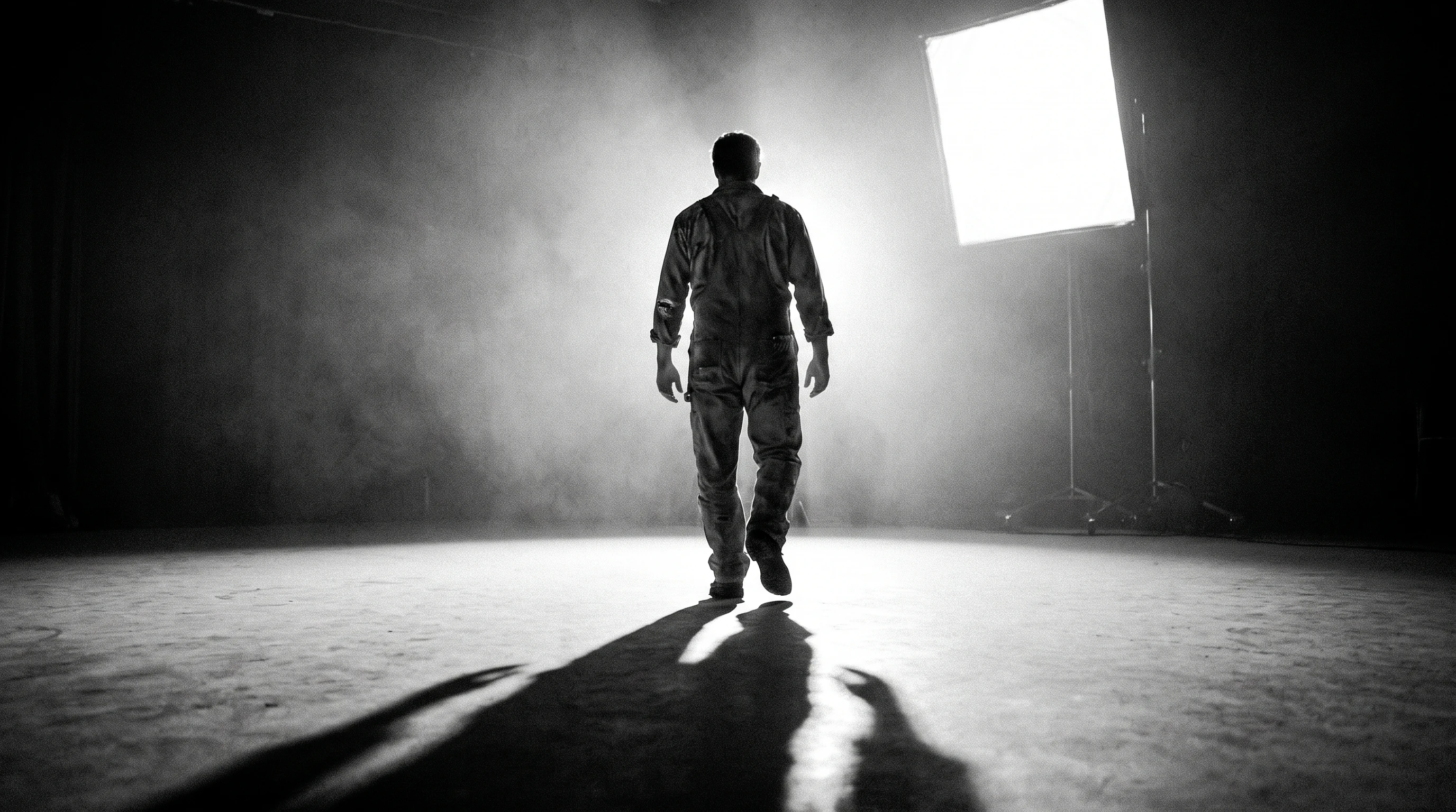 a person mid-step across a large empty film stage, a single softbox light just out of frame casting long shadows, viewed from behind at a low angle