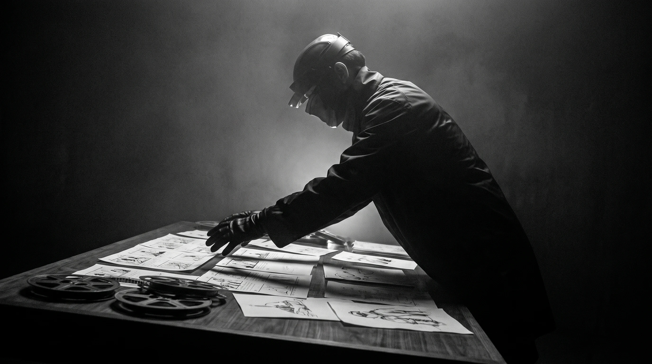 a person reaching forward with both hands over a wide editing desk scattered with unbranded storyboard sheets, caught mid-lean in profile against a