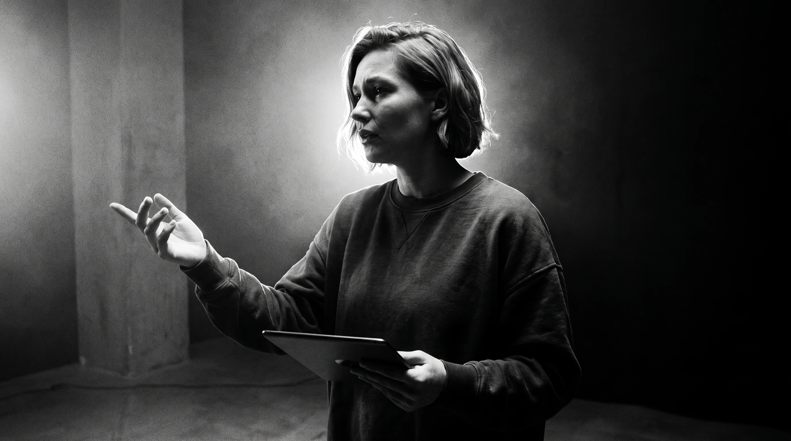 a person mid-turn in a sparse studio space, one hand gesturing toward an invisible screen and the other holding a slim tablet, framed in tight