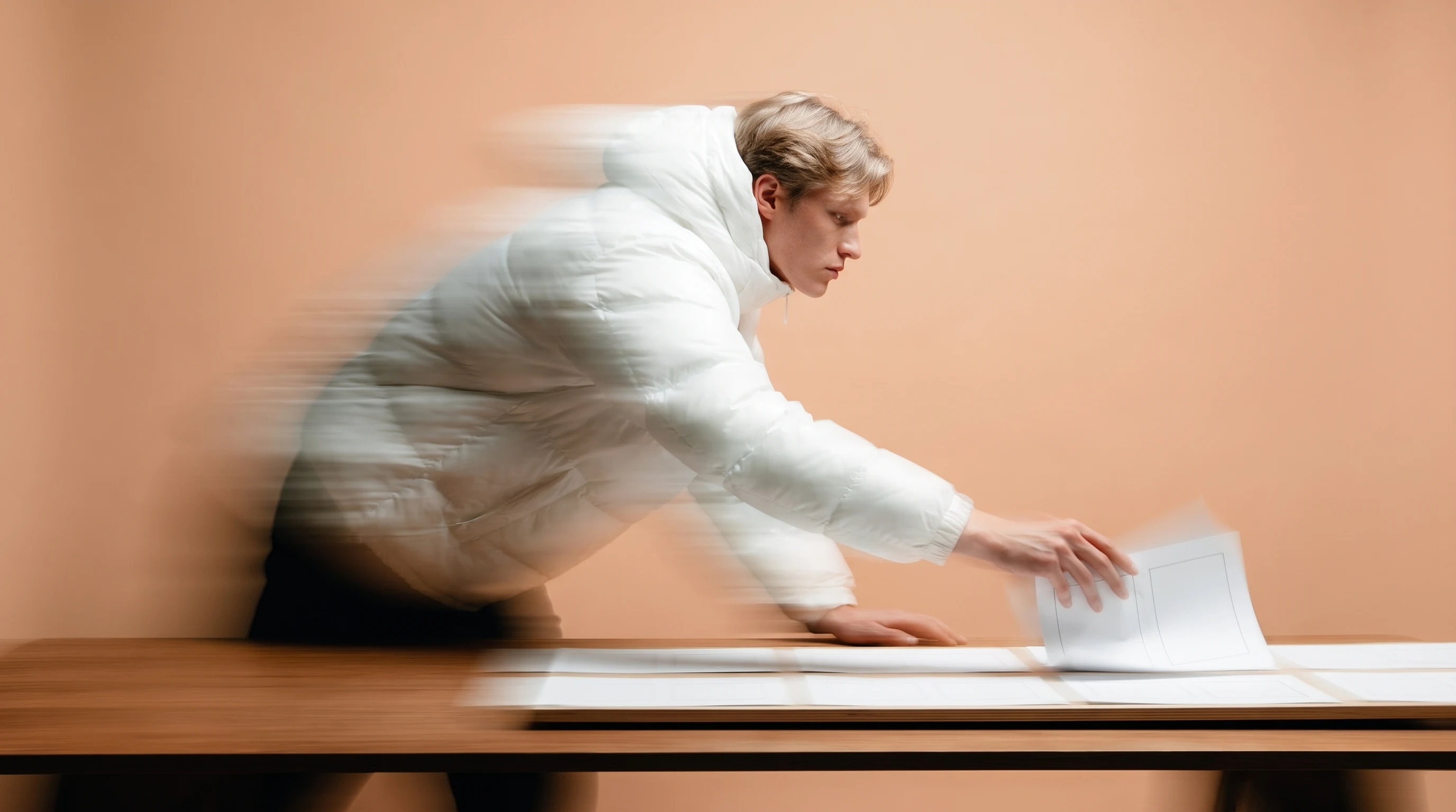 Person mid-lean over a blank storyboard sheet on a wide desk, one hand reaching forward to reposition a page, profile framing, peach studio backdrop