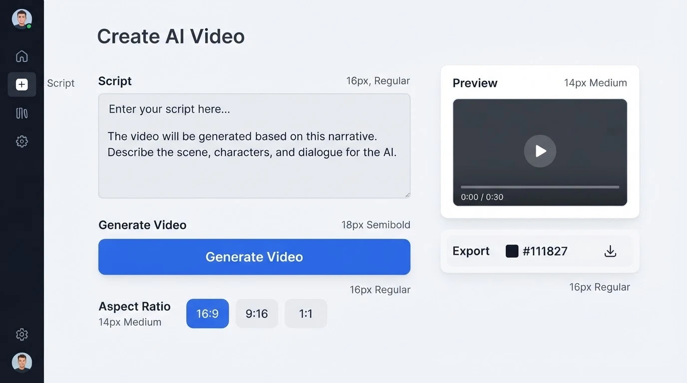 A minimal AI video workflow panel: a 'Script' text input field on the left, a central 'Generate Video' button, an aspect-ratio selector row showing