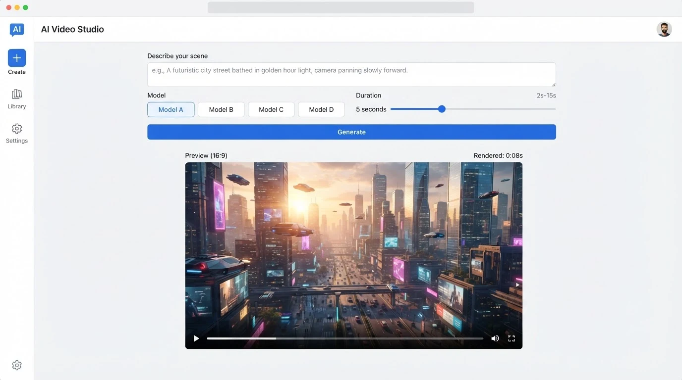 AI video generation dashboard: a full-width text prompt field labelled 'Describe your scene', below it a model selector row with four tabs, a
