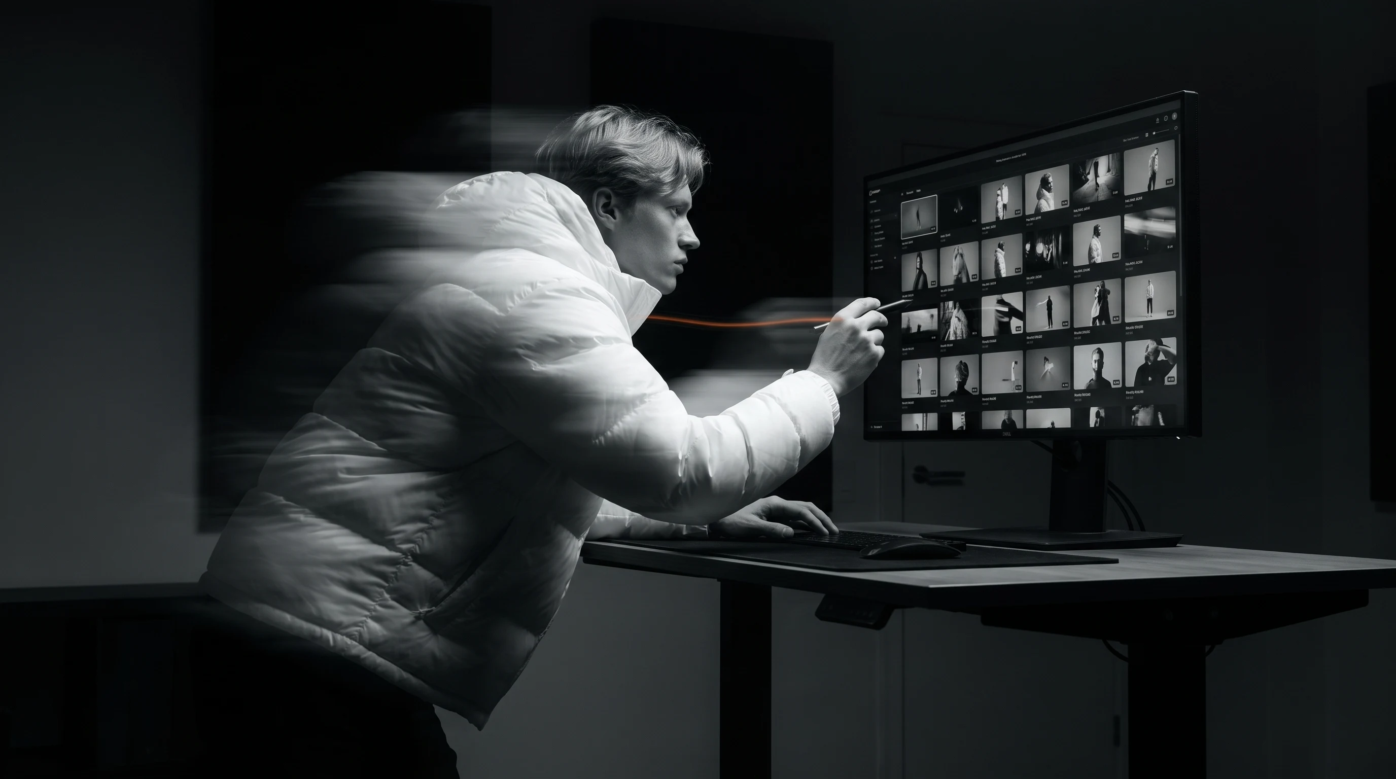 Creative director mid-lean at a standing desk, gesturing with a stylus toward a monitor displaying a grid of unbranded video thumbnails in a dimly
