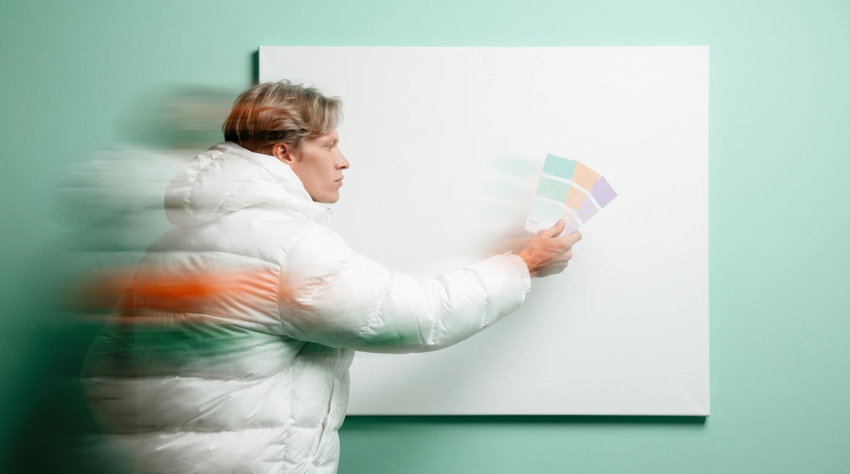 A person mid-reach toward a large blank canvas on a mint-green studio wall, holding a small swatch card, three-quarter framing from the side