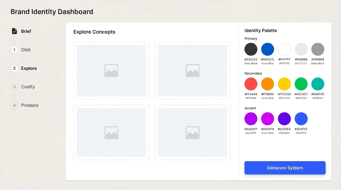 A brand identity dashboard showing a left panel with steps labelled 'Brief', 'DNA', 'Explore', 'Codify', 'Produce'; a centre canvas with four